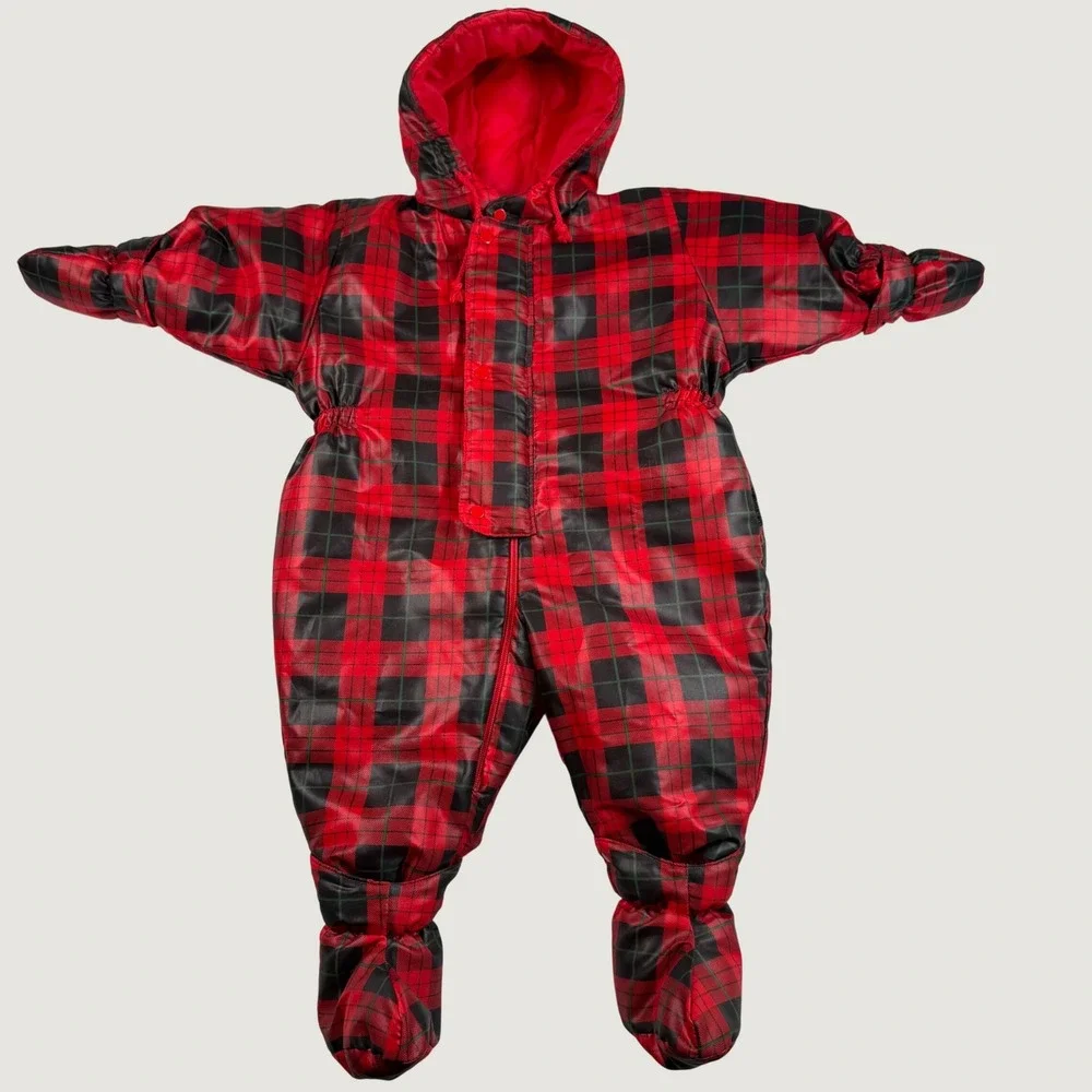 Vintage Deux par Deux Red Plaid Baby Snowsuit Bunting Hooded Footed 12M Canada